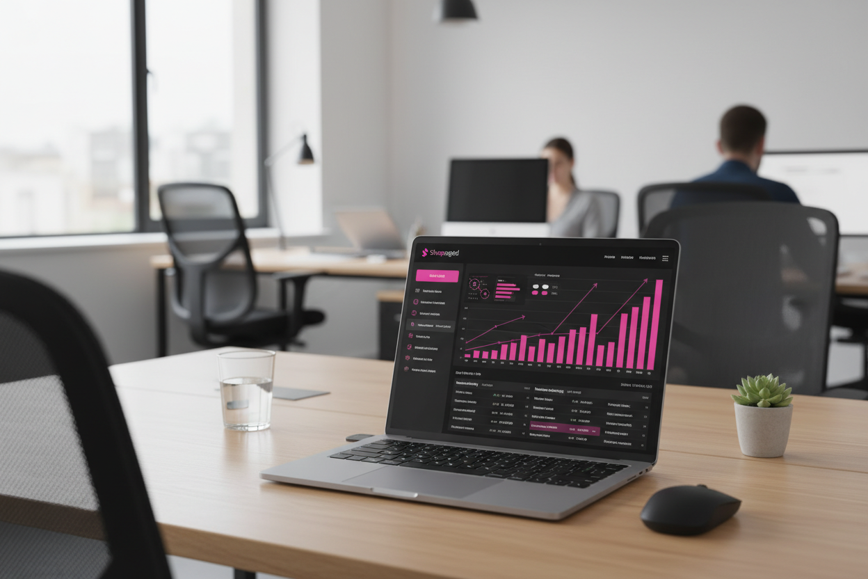 A modern irodai környezetben egy laptop képernyőjén SEO analitika látható: növekvő grafikonok, kulcsszavak, és a „Shopsegéd” logó diszkréten megjelenik a sarokban. Fekete-magenta színvilág, prémium üzleti fotóstílus, 16:9 arány.