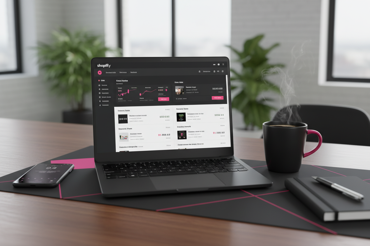 Egy modern irodai asztal, ahol laptopon egy webshop admin felület látható (pl. Shopify vagy WooCommerce kezelőfelület). Mellette kávé, jegyzetfüzet, telefon.
➡️ Cél: profi, mégis barátságos munkahelyi hangulat, Shopsegéd színek (fekete, magenta).