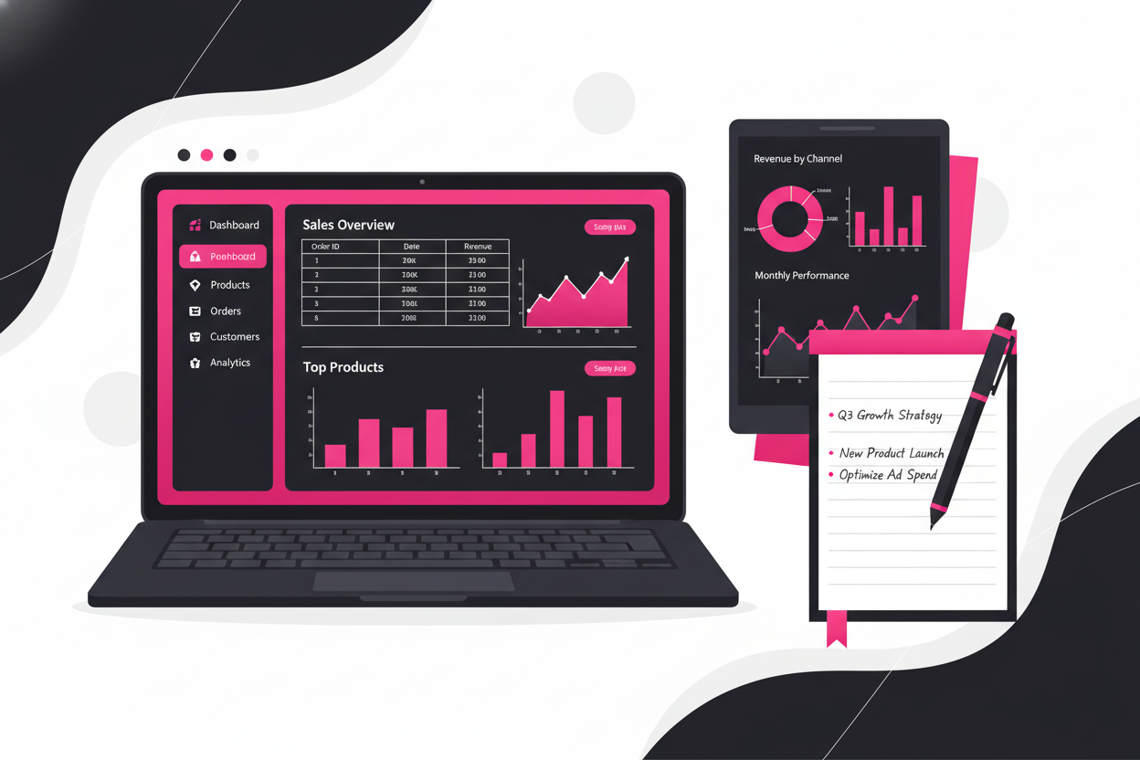 Laptop képernyőjén admin felület, mellette statisztikai grafikon és jegyzetek – szimbolizálja az aktív menedzsmentet.
➡️ Lehet flat design illusztráció vagy valós fotó, fekete-magenta tónusban.