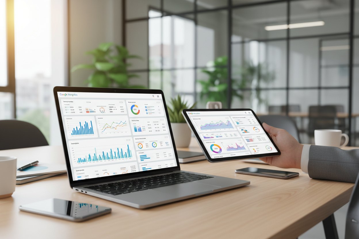 Laptopon megnyitott webáruház analitika (Google Analytics, Shopify admin) egy kézen tartott tablettel kombinálva.
➡️ Professzionális, világos, üzleti hangulat.