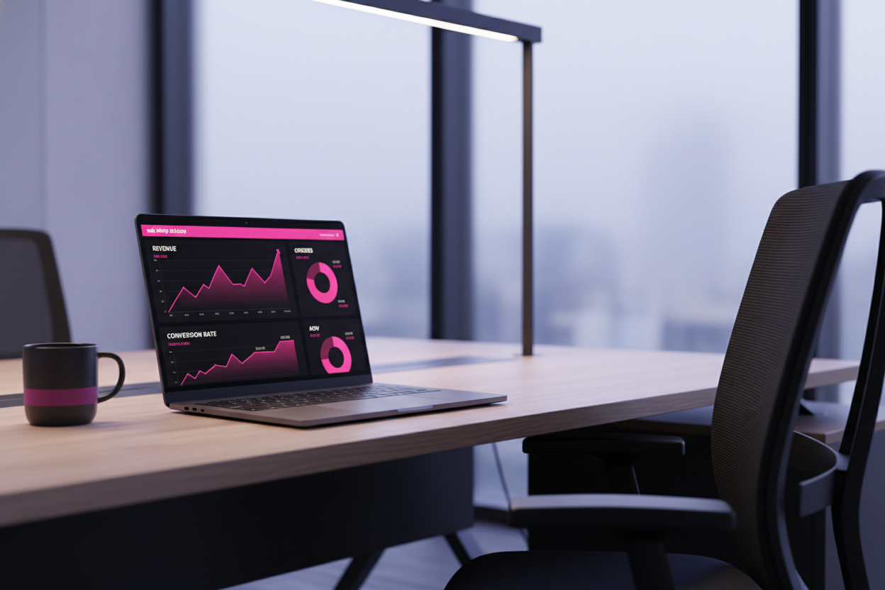 Modern irodai jelenet, ahol laptopon épp egy webshop statisztika látható. Magenta-fekete tónus, letisztult, szakmai hangulat.