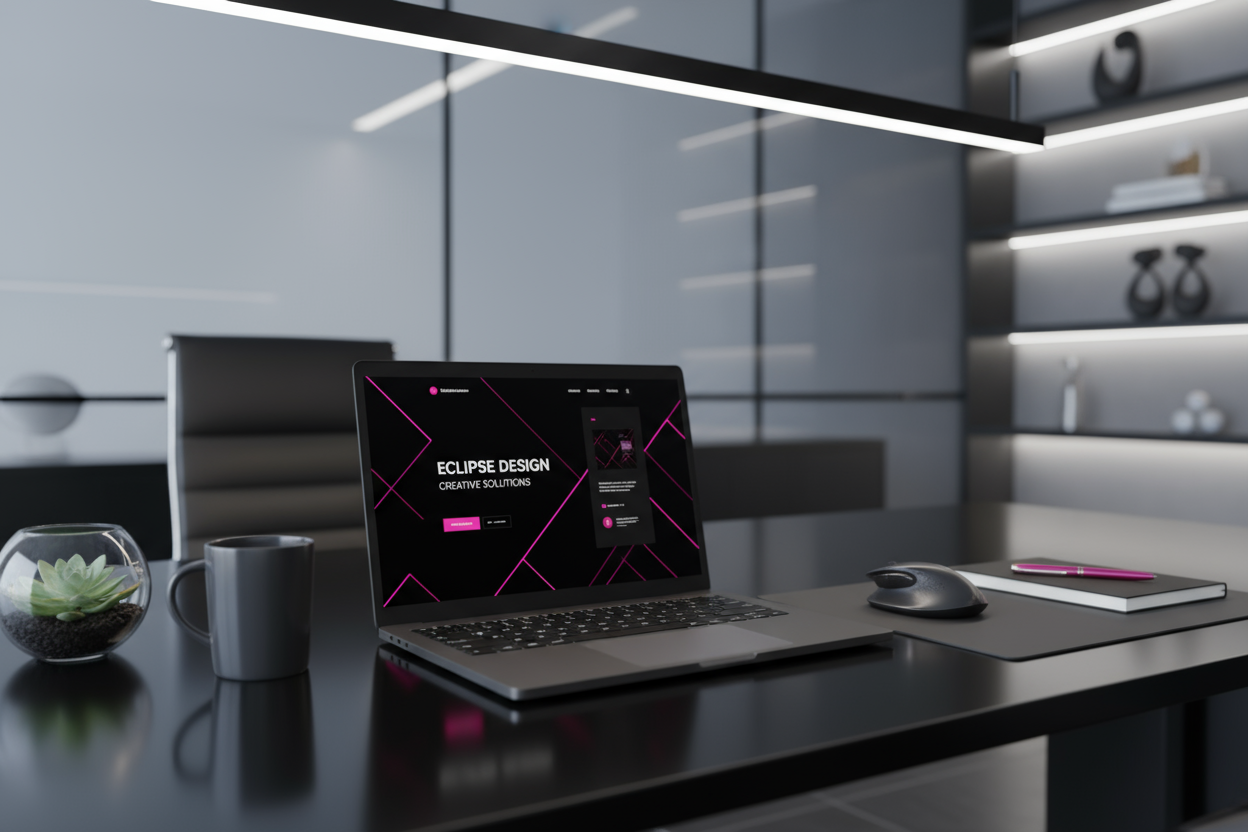 Modern irodai környezetben laptopon készülő weboldal, fekete és magenta színvilággal, minimalista, prémium hangulatban