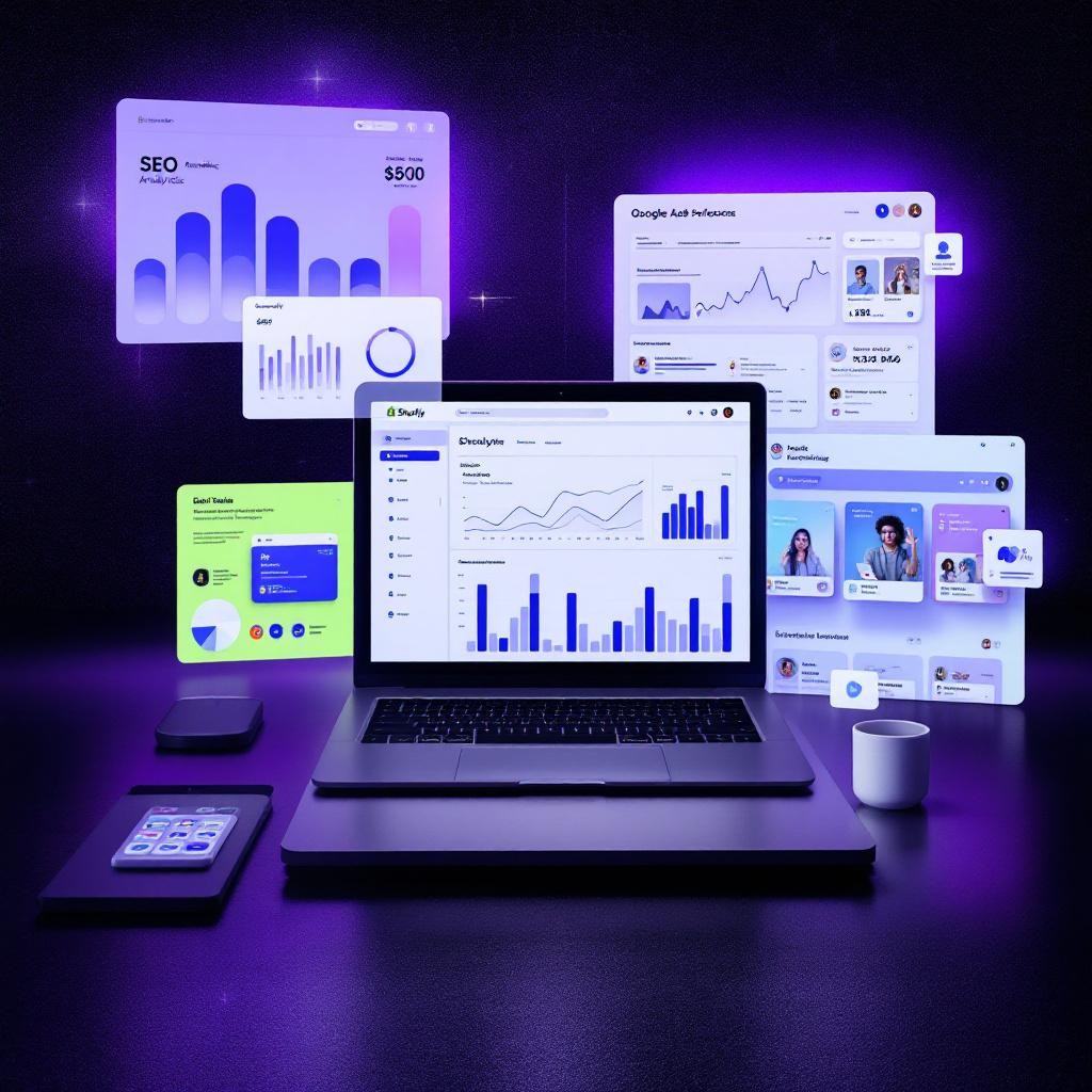 Shopsegéd webáruház menedzser munkakörnyezet – Shopify admin, SEO-analízis, Google Ads és közösségi média menedzsment kollázs.